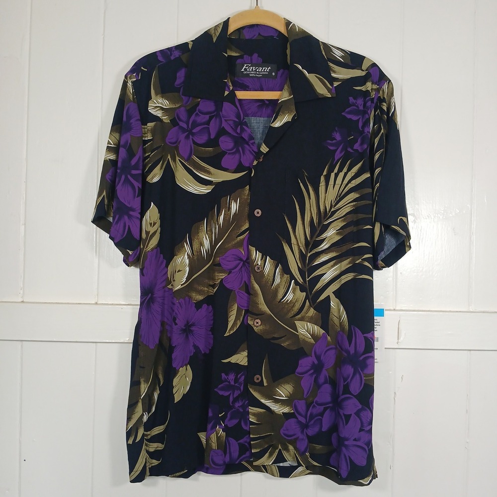 Favant Hawaiian Shirt Mens Small Navy Purple Floral Rayon Tropical Aloha